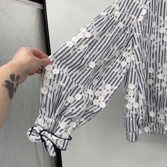 Zara Bomber Jacket Women’s‎ Large Floral Embroidered Blue White Striped Zip Up - Picture 4 of 14